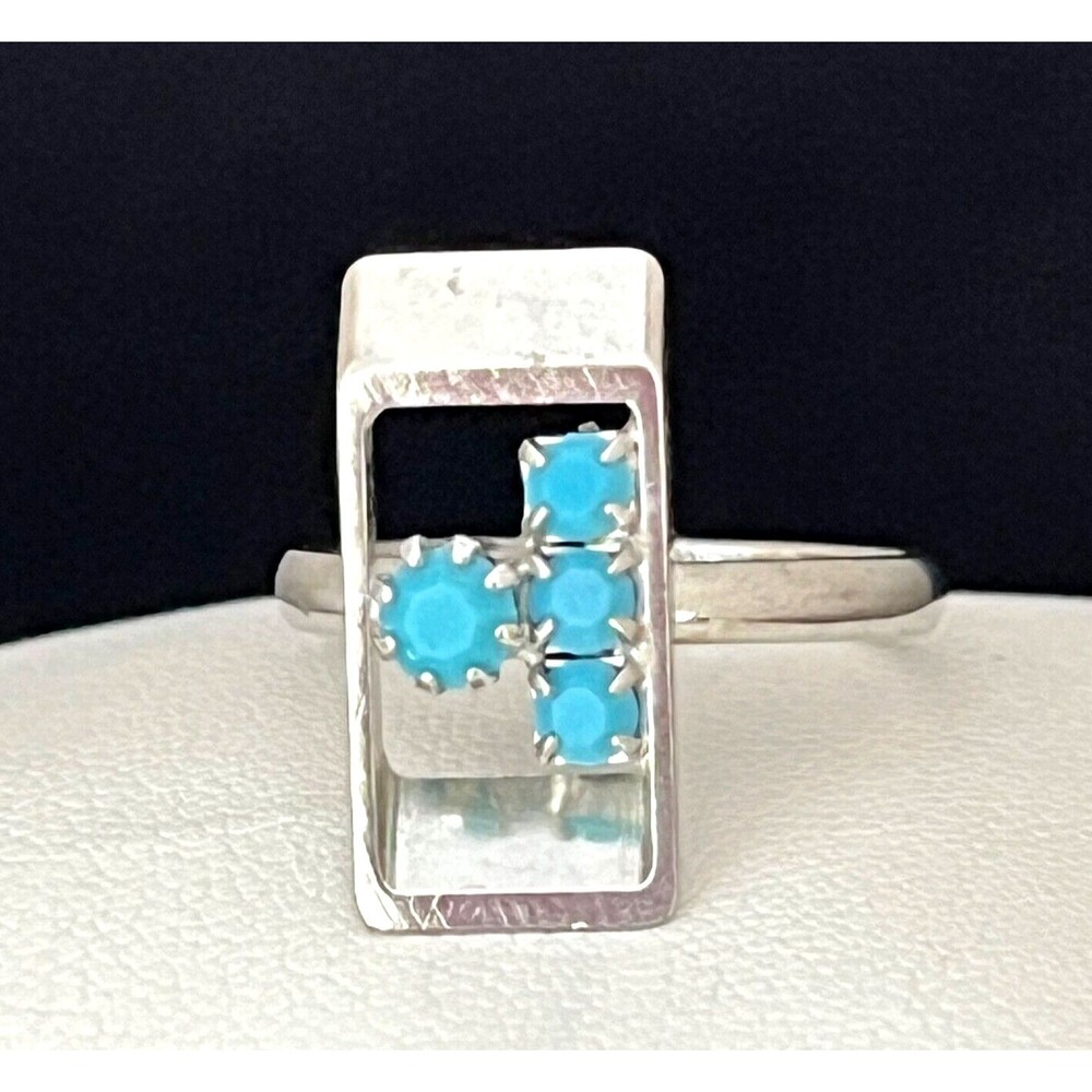 Vintage 1960s Cocktail Ring Mid Century Modern Blue Rhinestone Geometric - 4I